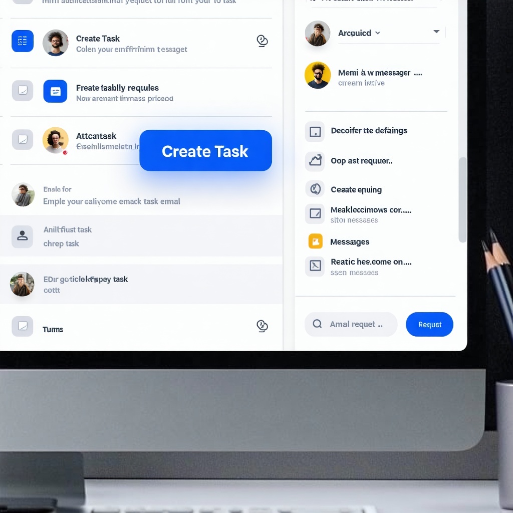 The image features a user interface displayed on a sleek computer screen In the center there is a prominent button labeled Create Task in bold inviting font The background shows a simplified email layout with a list of messages on the left and an ope